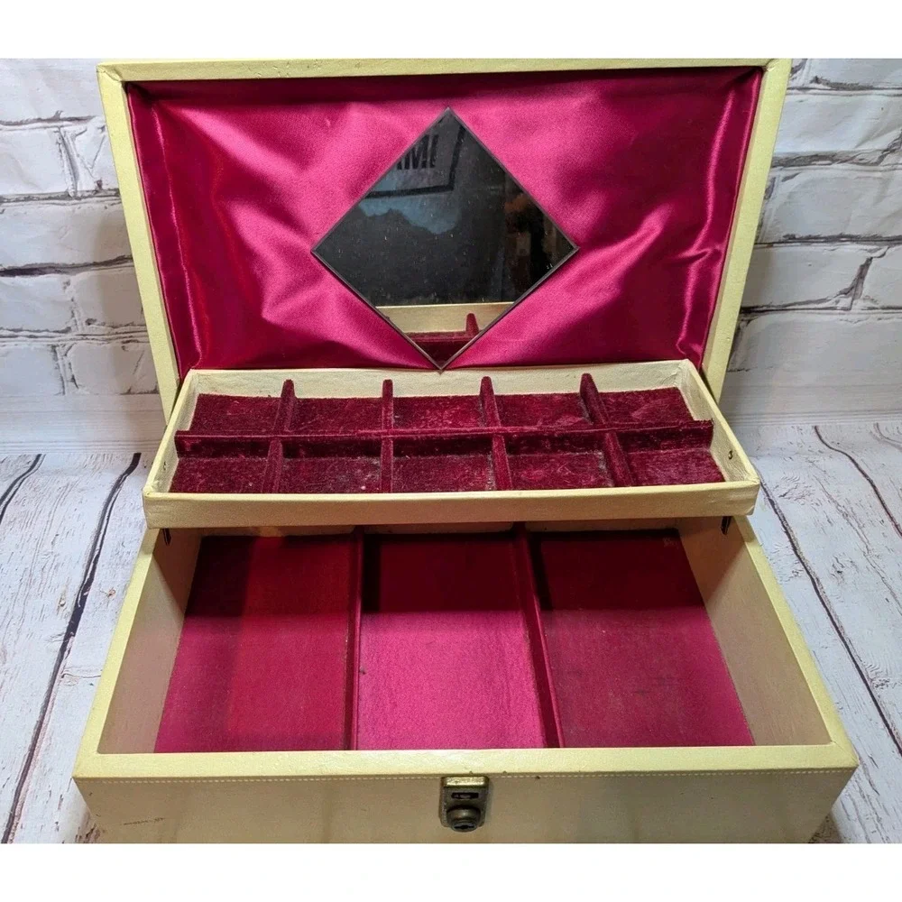Vintage 2 Tier Faux Leather PINK Velvet &  Satin Lined Jewelry Box w/ Mirror‎